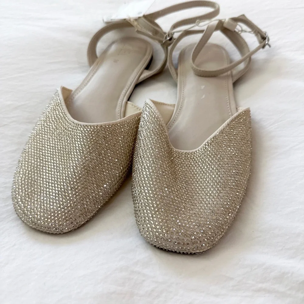 Zara Rhinestone Embellished Slingback Ballet Flats Cream Size 38 NWT